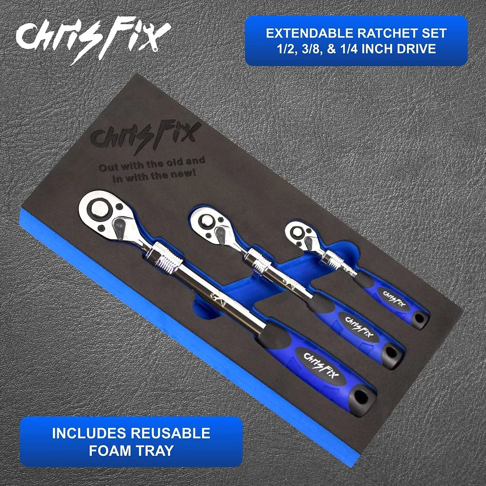 Chrisfix 3 Piece Extendable Ratchet Set 1/2" 3/8" 1/4" Drive - 72 Tooth