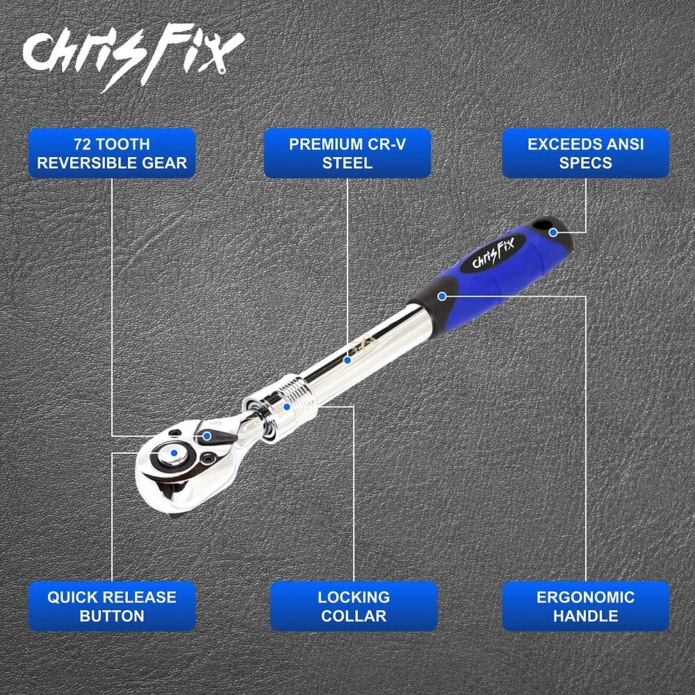 Chrisfix 3 Piece Extendable Ratchet Set 1/2" 3/8" 1/4" Drive - 72 Tooth