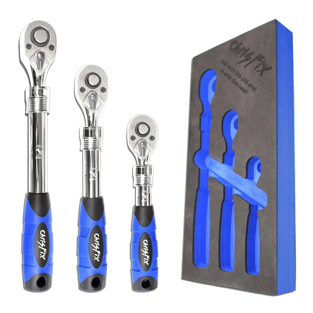 Chrisfix 3 Piece Extendable Ratchet Set 1/2" 3/8" 1/4" Drive - 72 Tooth